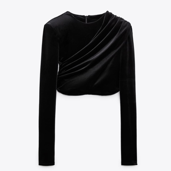 NWT Zara Padded Shoulder Velvet Draped Crop Top - Picture 7 of 9